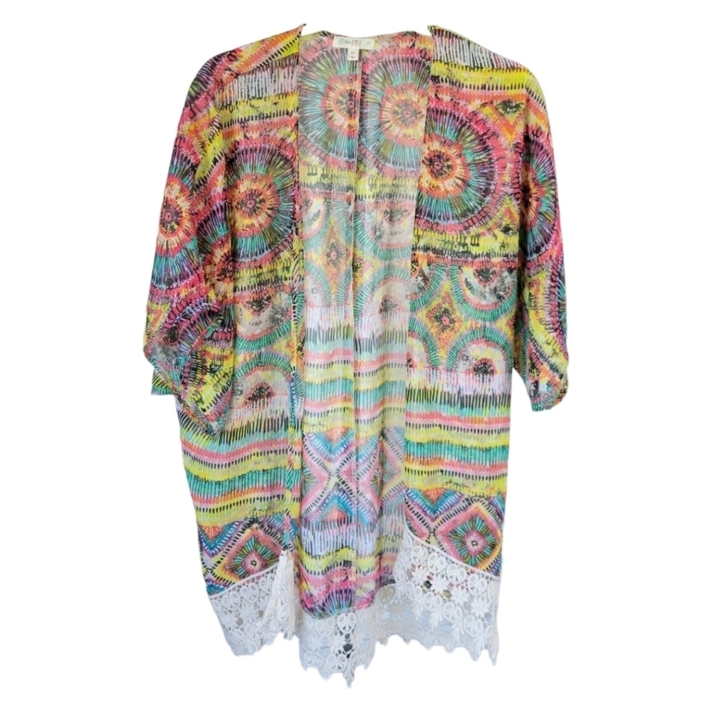 Love Fire Boho Festival Kimono Lace Hem Colorful Cover Up M - Picture 6 of 8